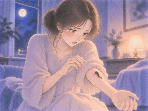 前腕に小さなヒルのような影が付き戸惑う女性