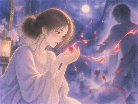 赤い光の雫を自分のほうへ引き寄せる女性の夢の場面
