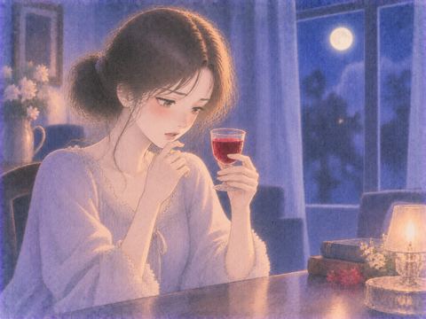 赤い飲み物の入った小さなグラスを見つめる女性