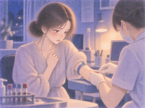夜色の診察室で腕を出して採血を受ける女性