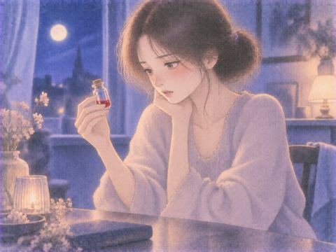 赤い雫の入った小瓶を自分で手に取る女性