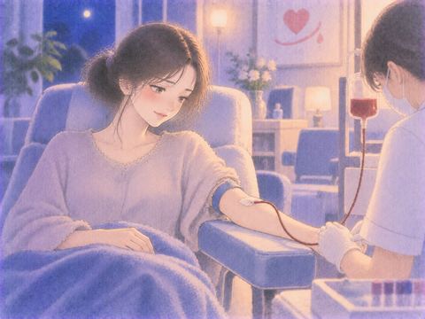 献血用の椅子で穏やかに腕を差し出す女性
