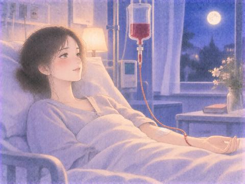 ベッドで点滴を受けながら安心した表情を見せる女性