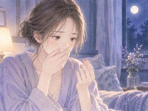 口元を手で覆う女性と指先についた淡い赤い色