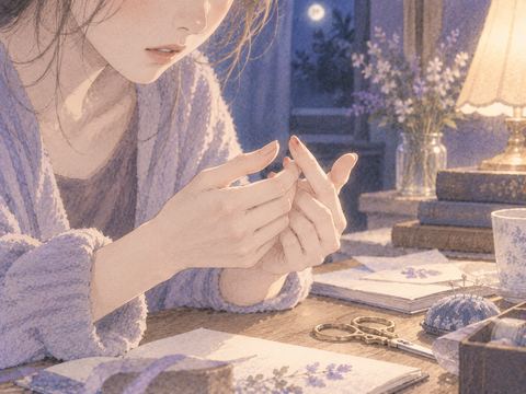 机の上で指先の小さな赤いにじみを見つめる手元