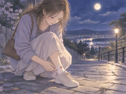 月明かりの道で足を止め、足元の小さな赤い跡を見る女性