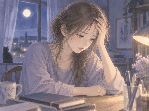 額に手を当てる女性と髪際に淡い赤い夢のにじみ