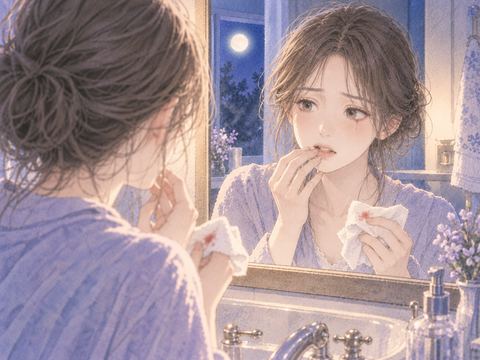 鏡の前で口元を確認する女性とティッシュの小さな赤いにじみ