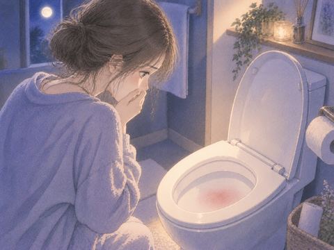 夜のトイレで便器内の淡い赤みを見て驚く女性