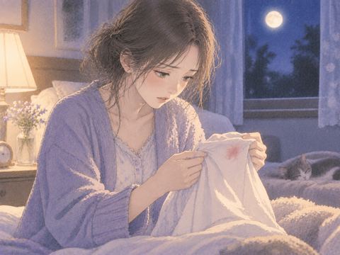 夜の部屋で淡い赤い染みのある布を見つめる女性