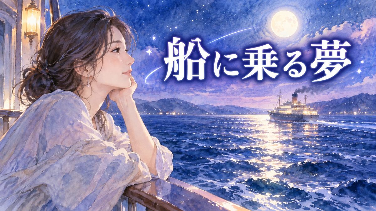 夜の海を進む船を見つめる大人の女性と「船に乗る夢」の文字