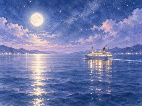 穏やかな夜の海を静かに進む船