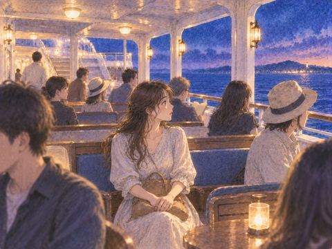 知らない乗客たちと船にいる女性