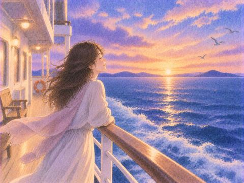 船のデッキで海景色を楽しむ女性