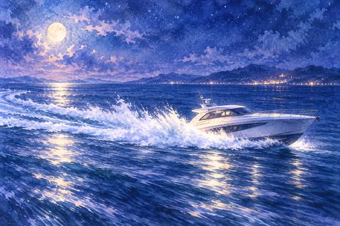 水しぶきを上げ高速で進む船