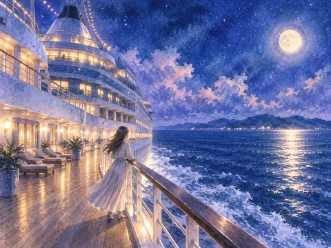 大きな船の甲板から海を眺める人物