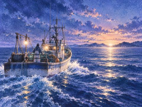 夜明け前の海を進む漁船