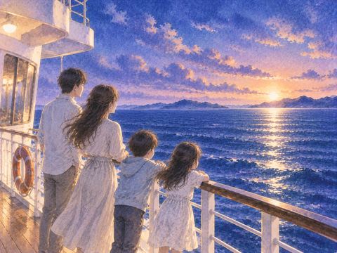 船の甲板で海を見る家族
