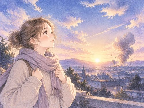 無事に立つ人物と柔らかな夜明け