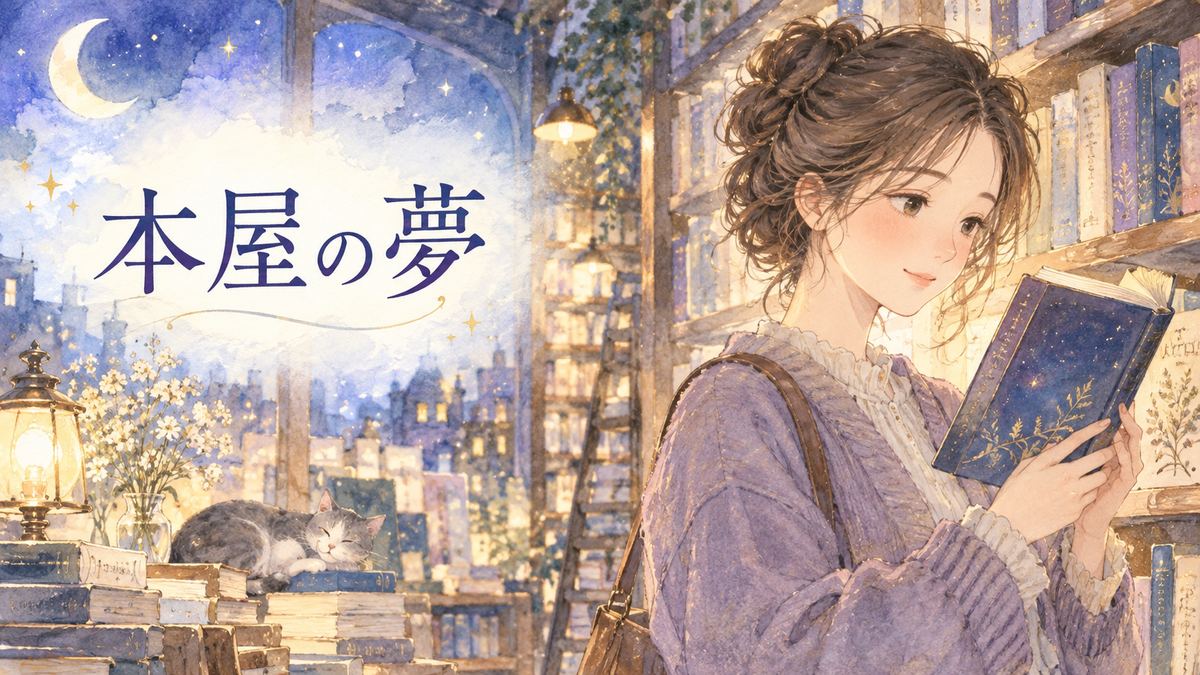 夜の本屋で一冊の本を見つめる大人の女性
