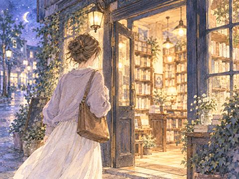 夜の本屋の入口へ歩いていく女性