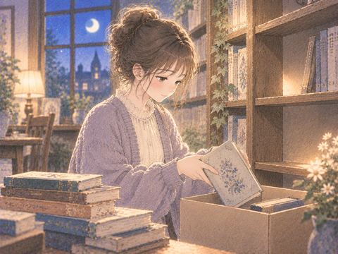 古い本を整理して手放す女性