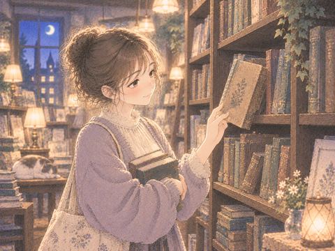 古本屋の棚から古い本を手に取る女性