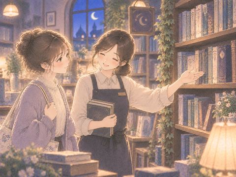 本屋の店員が女性へ本棚を案内する場面