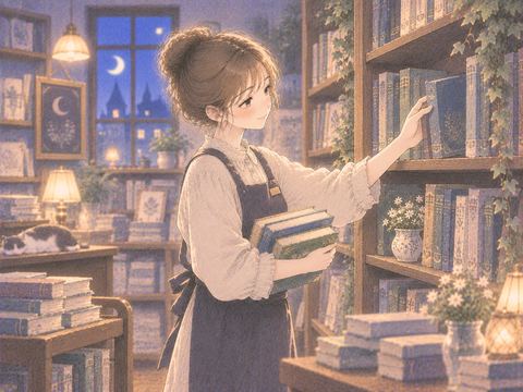 本屋で本を棚へ並べて働く女性