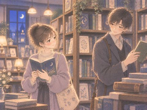 本屋で別々の本を手にする女性と異性