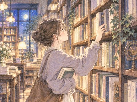 本棚を見ながら本を探している女性