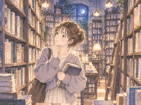 本棚の間で目的の本を探して迷う女性