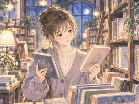 二冊の本を手に取り選んでいる女性