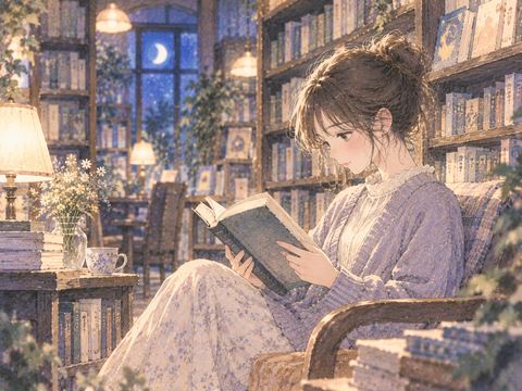 本屋の椅子で本をじっくり読む女性