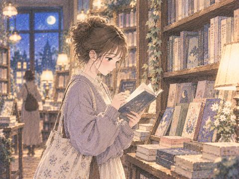 本棚の前で本を立ち読みしている女性