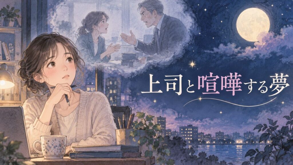 夜の職場で上司と言い合う夢を思い返す大人の女性