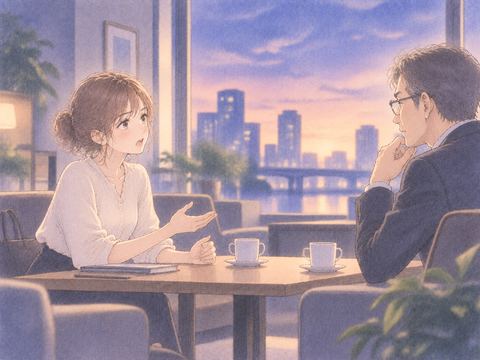 元上司と距離を取りながら対等に話す女性