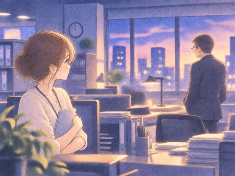職場で上司の姿を静かに見つめる女性