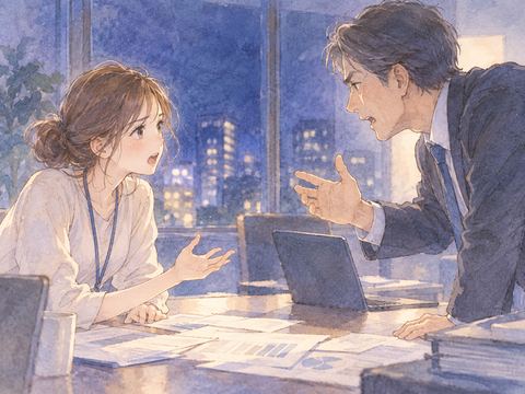 職場で上司と激しく意見をぶつけ合う女性