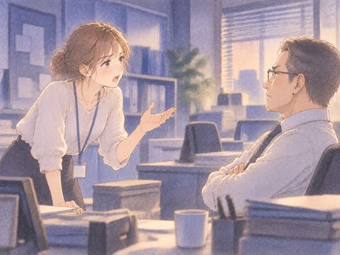 昔の職場を思わせる場所で元の上司と向き合う女性