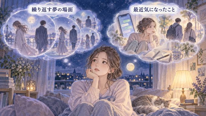 繰り返す別れの夢と最近の出来事を並べて振り返る女性の図