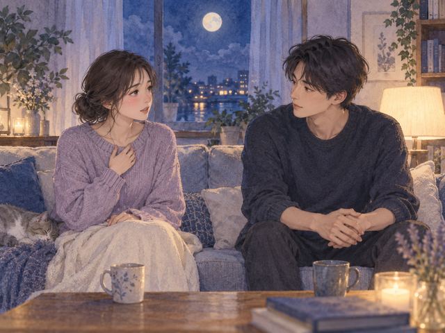夜の部屋で穏やかに夢の話をする恋人同士
