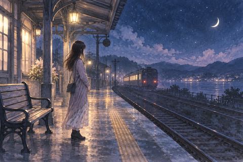 夜の駅で一人残され寂しそうに立つ女性の夢