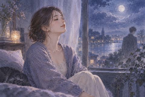 夜の窓辺で肩の力を抜き静かに息をつく女性の夢