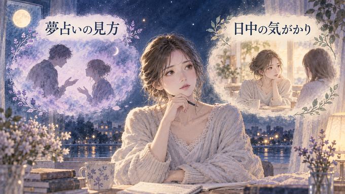 喧嘩の夢と日中の気がかりを別々に見つめる女性の図