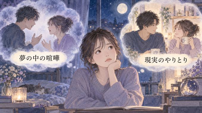 喧嘩の夢と現実の二人の関係を別々に見つめる女性の図