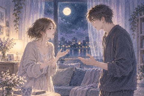 夜の部屋で向かい合って言い合う男女の夢