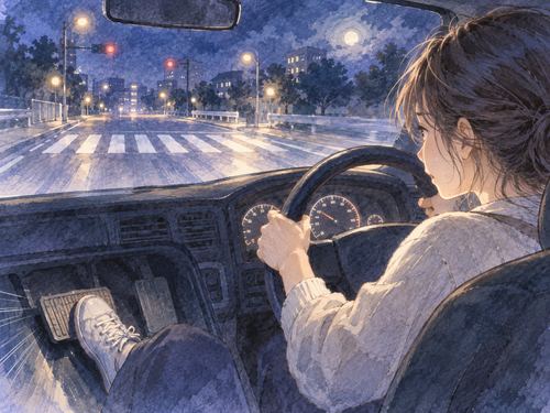 夜の車内でブレーキを踏んでも進み続ける車の夢
