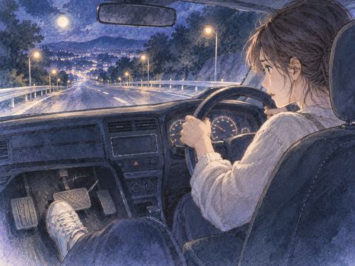 夜の車内で壊れたブレーキに気づき不安になる運転者