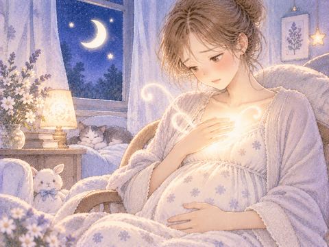 お腹に手を添え胸元の光を見る妊婦